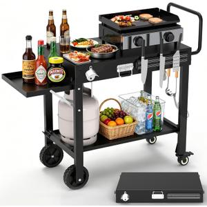 Portable Grill Table for Blackstone Griddle, Outdoor Grill Cart with Wheels, Griddle Stand Fit 17 Inch 22 Inch Ninja Griddle, Folding Table with Caddy for Outside Patio, Kitchen Cooking Prep Table
