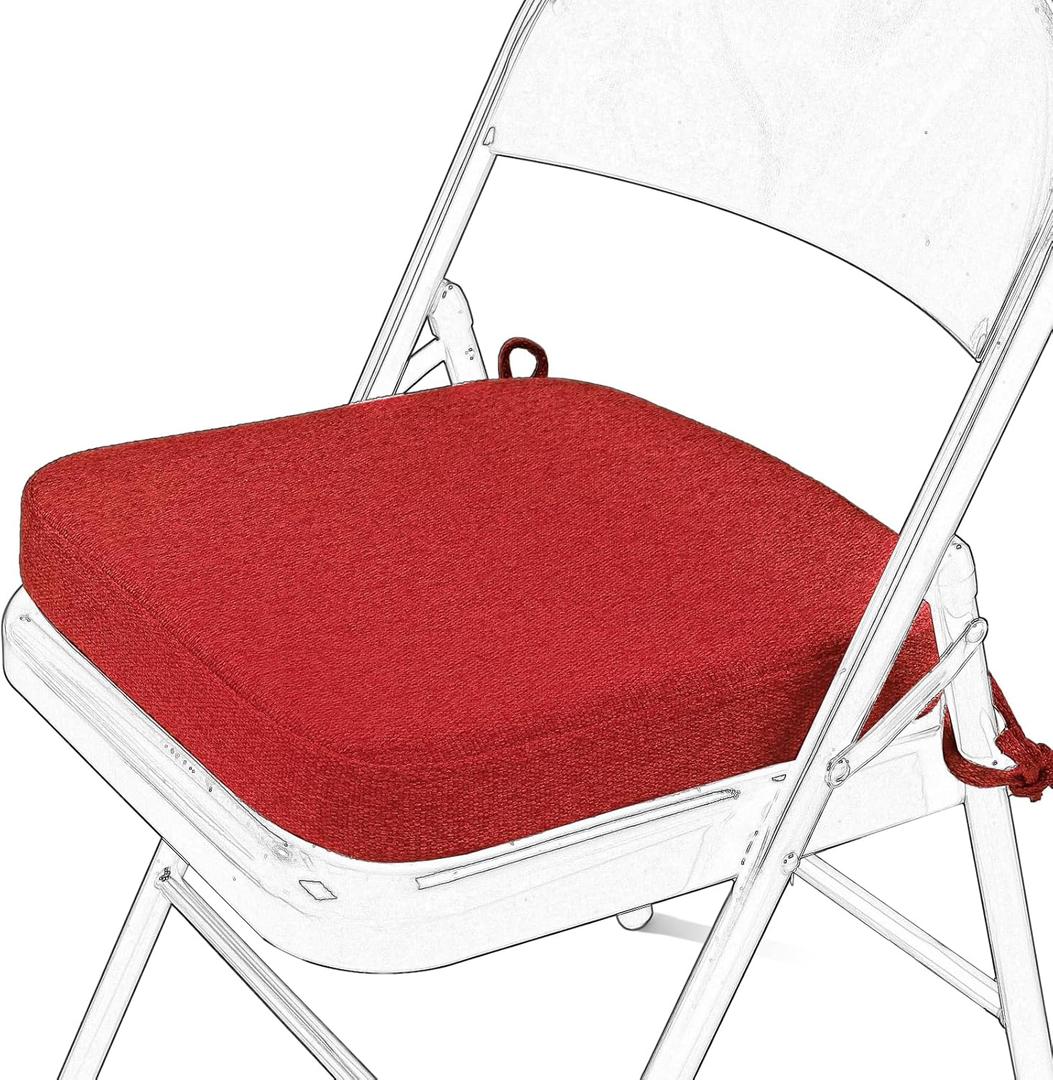 SINOSSO Memory Foam Chair Cushion for Folding Chair 1 Pcs, Thickened 2" Square Kitchen Chair Pad with Ties, Indoor Non-Slip Dining Chair Seat Cushion (1 Piece, Red)