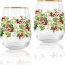 Whaline 2Pcs Christmas Stemless Wine Glasses 17oz Holly Berries Drinking Glasses Clear Green Red Watercolor Tumbler Cups with Gold Rim for Xmas Winter Party Supplies