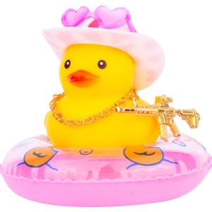 4 x Car Rubber Duck Dashboard Decoration Mini Yellow Duck Car Ornament Accessories with Mini Cowboy Hat Swim Tube Necklace and Colorful Sunglasses for Car Dashboard(Love Glasses-Pink Dot)