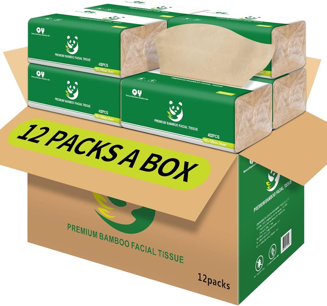 Soft Durable Bamboo Facial Tissues - 3 Ply Natural Unbleached Facial Paper Dry or Wet Use 12 Packs134 Tissue per Pack, 1608 Tissues Total