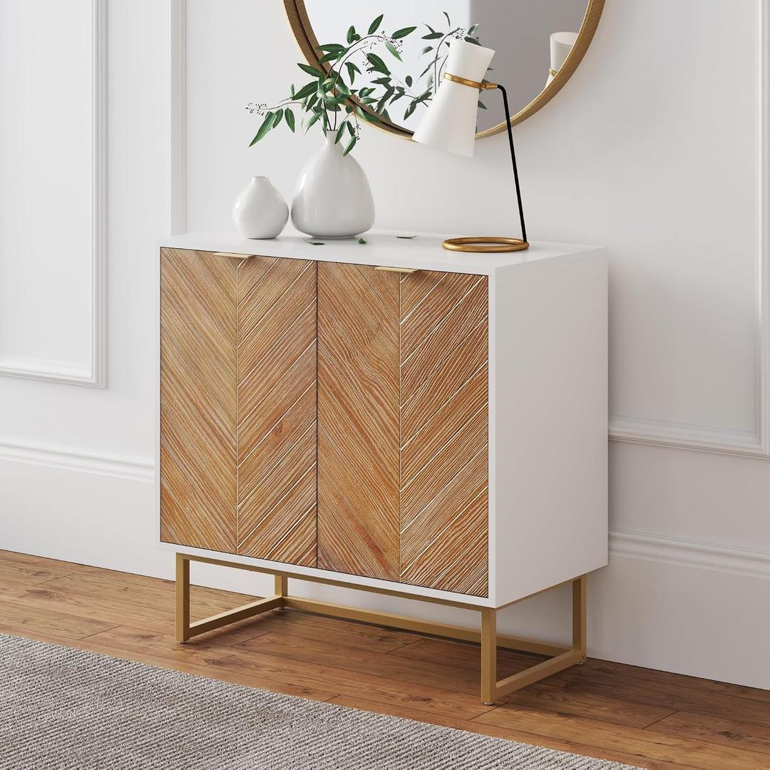 Nathan James Enloe Modern Storage Free Standing Accent Cabinet White with Doors in a Rustic Pine Wood Finish and Gold Powder-coated Metal Base for Hallway, Entryway or Living Room, Brown/White/Gold, Set of 1