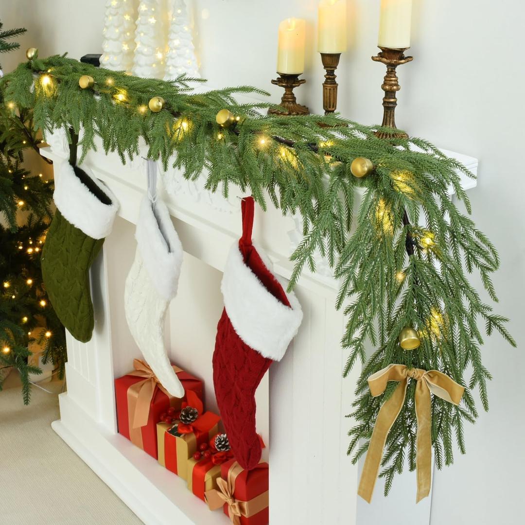 YoleShy 6FT Real Touch Norfolk Pine Garland Christmas Garland with Bell Battery Operated Prelit Garlands Christmas Decorations for Mantle Fireplace Xmas Garland Home Decor