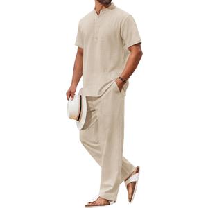 COOFANDY Men's 2 Piece Cotton Sets Casual Short Sleeve Henley Shirts and Beach Pants with Pockets Summer Vacation Outfits (Medium, Light Khaki)