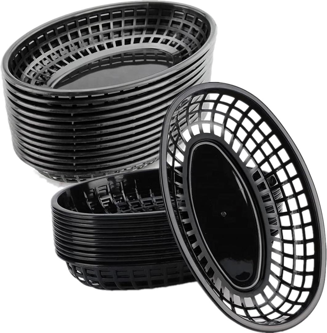 50 Pack Oval Fast Food Baskets, Reusable Black Bread Basket, Plastic Deli Chip Baskets, 8.9"L x 5.3"W Food Service Tray Holder for Burgers, Fries, Snacks, Sandwiches, Burgers, Nachos, Picnic