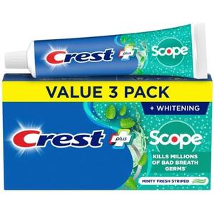 Crest + Scope Whitening Toothpaste - Pack of 3, 5.4 Oz Tubes - Anticavity Fluoride Toothpaste, Fresh Breath, Kills Germs - Tartar Protection, Enamel Protection - Minty Fresh Flavor