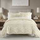 CozyDH Duvet Cover Queen Size - Tufted Creamy Embroidery Jacquard Boho Soft Lightweight Shabby Chic 3pcs Polyester Duvet Covers Set - Modern Geometry Stripe (Beige, 90x90, No Comforter)