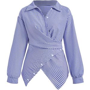 Women's Striped Bow Tie Shirt Elegant Wrap Button Front Long Sleeve Business Casual Blouse Blue and White Small
