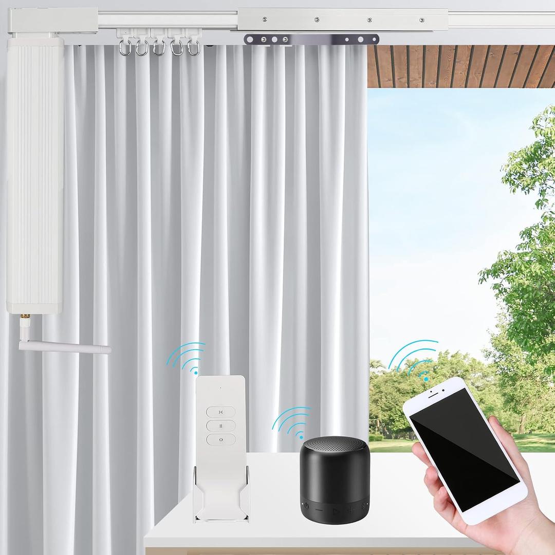 Smart Curtain Tracks WiFi Control by Phone, Support Voice Control for Alexa, Google Home, Tuya App Remote Automated Curtain Smart Curtains Opener Motorized Curtains Rods with Remote Control (125'')