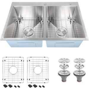 PHS 33 Inch Drop In Double Bowl Kitchen Sink 50/50-16 Gauge Stainless Steel Overmount Kitchen Sink 33x22 with Accessories, 9 Inch Deep Sinks with Brushed Finish