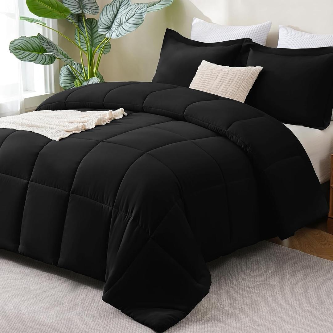CozyLux Full Size Comforter Sets - Black Comforter Full Size, 3 Pieces Box Stitched Bed Set for All Seasons, Soft Lightweight Bedding Sets with 1 Down Alternative Comforter and 2 Pillow Shams