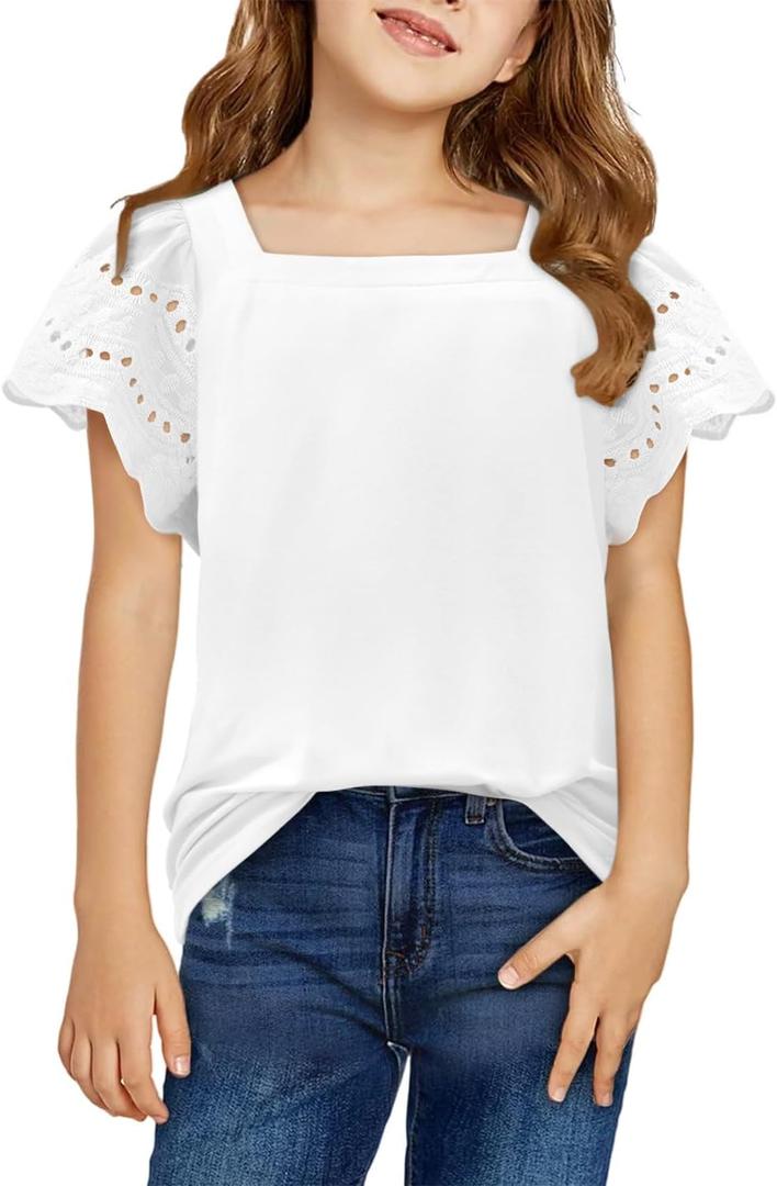 2 x Yoklass Girls Casual Shirts Square Neck Ruffle Sleeve Tops Solid Loose Blouses 5-14 Years (White)