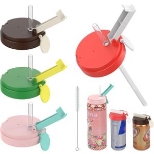 4 Pack Soda Can Lids with Straw, 4 Color Can Covers for Soda with Reusable BPA-Free, Can Lid Built w/ 3 Sizes Fits for S/M/L Sizes, Can Lids Soda w/Straw Brush Cans for Seltzer, Beer, Juice, Seltzer