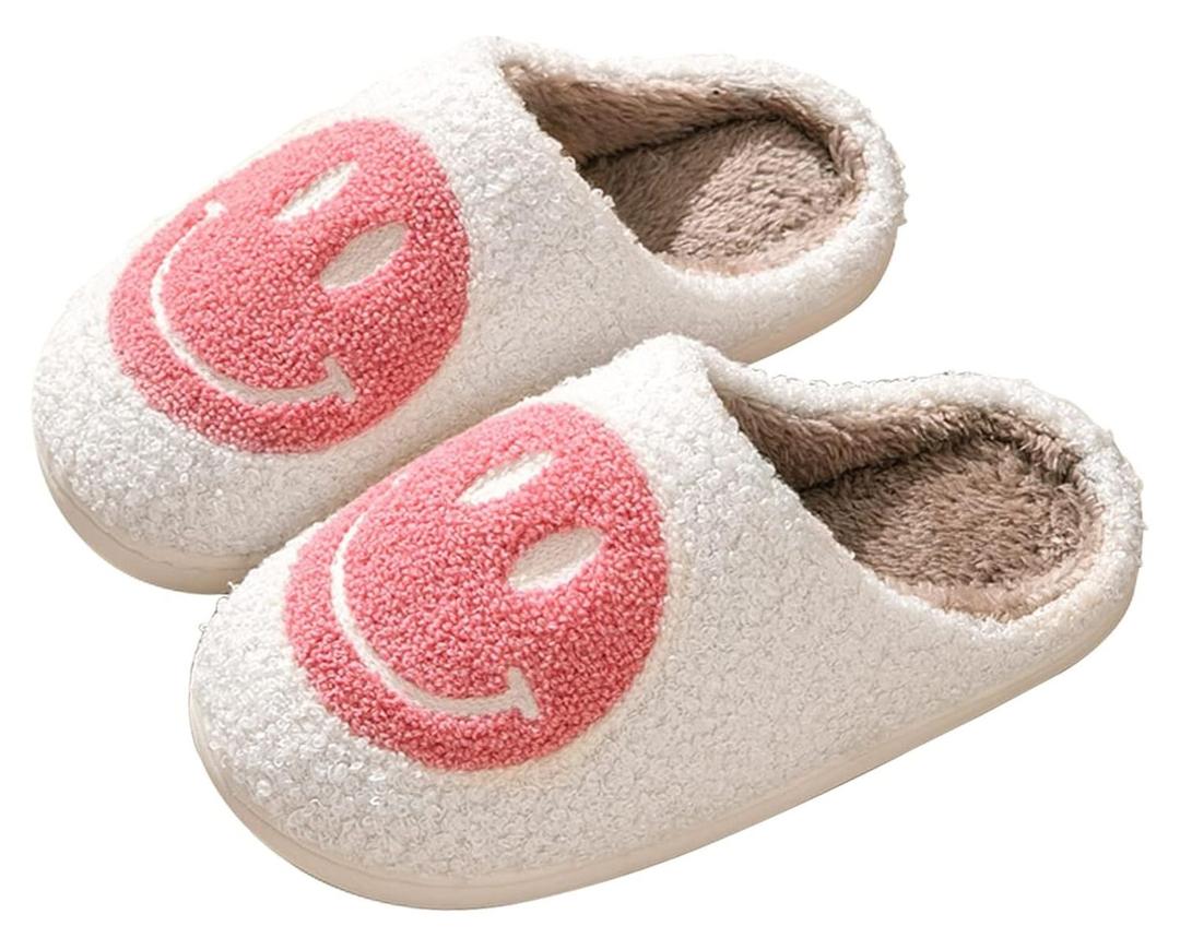 Bevaney Smile Face Slippers for Women - Soft Plush Retro Preppy Slip-on Comfortable Indoor/Outdoor Shoes (5-6 Women/4-5 Men, Pink)