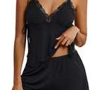 Avidlove Womens Pajama Set Lace Trim Cami Shorts Side Slit V Neck Sleeveless Lingerie Sets for Women Sexy (Black) XL