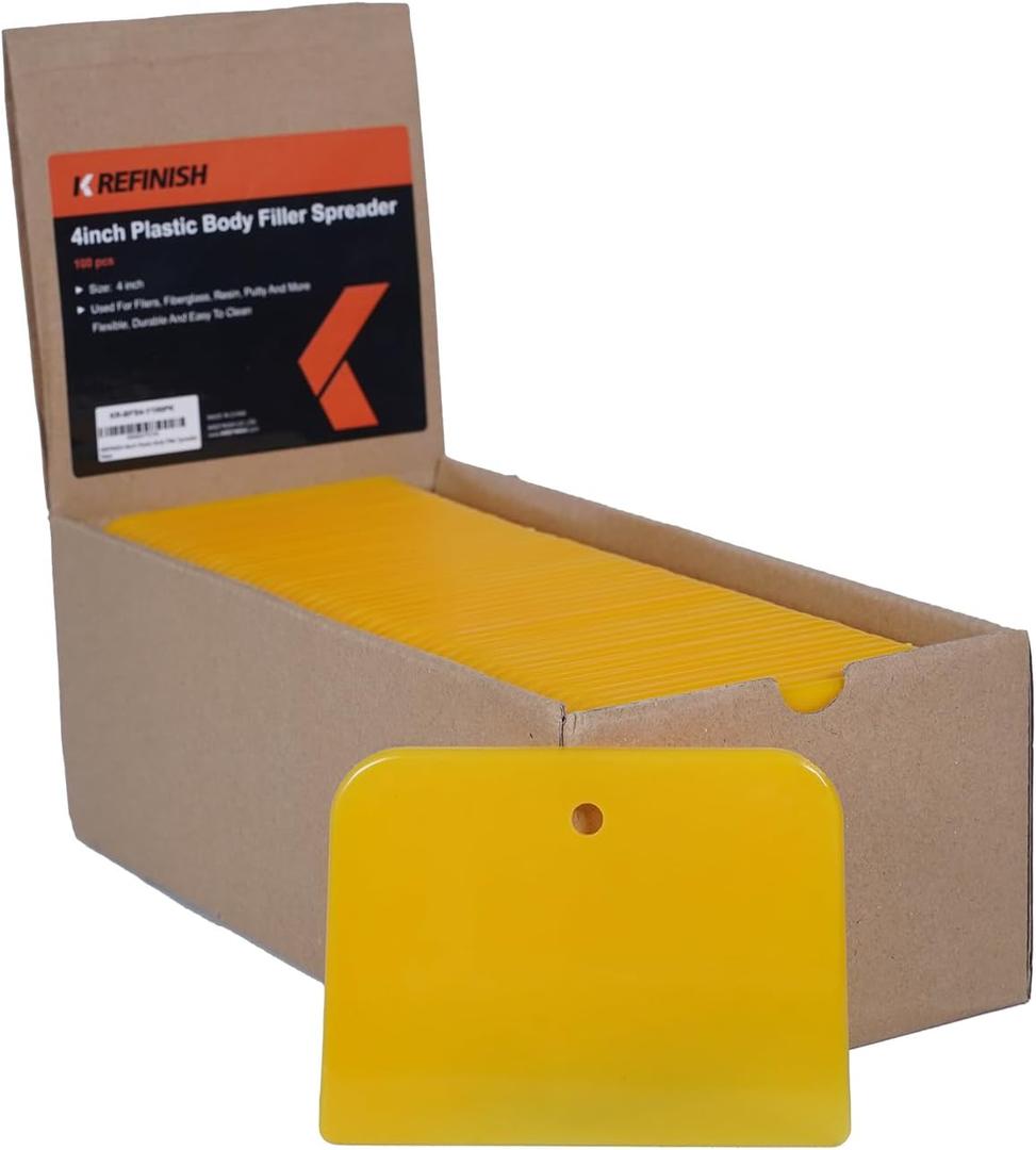 KREFINISH Body Filler Spreaders (Pack of 100) - 4" Yellow Reusable Plastic Spreader for Automotive Fillers, Putties, Glazes, Caulks and Paint