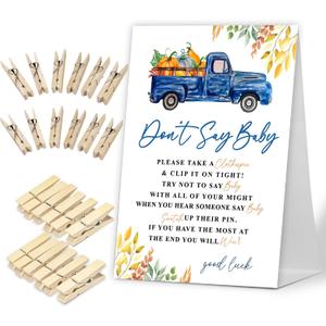 Don't Say Baby Game - Fall Autumn Thanksgiving Pumpkins Baby Shower Game Set - Modern Orange Rectangular Cardstock & Wood Sign (5x7 inches) with 50 Mini Wooden Clothespins
