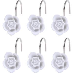 Twofish Home White Flower Ceramic Resin Shower Curtain Rings Set of 12 for Restroom Chioce Girlfriend Gifts to Boyfriends White Flower Design Shower Curtain Hooks Pack of 12