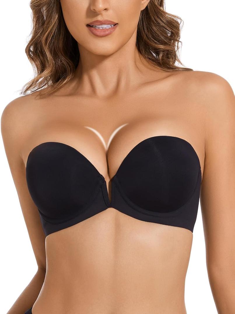 Upushall Strapless Bra Push Up Non Slip Deep V Plunge Underwire Bras for Women Super Padded Add 1 Cup (Black)