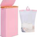 Slim Laundry Hamper, Narrow Laundry Basket with Lid,Foldable Clothes Hamper with Bamboo Handles,Hamper Basket with Removable Inner Bag for Laundry Room Bedroom College Dorm,60L Pink