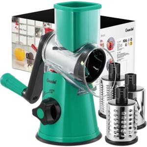 Geedel Rotary Cheese Grater with 3 Interchangeable Blades, Kitchen Mandoline Vegetable Slicer for Fruit, Nuts , Easy to Clean (Dark Green)
