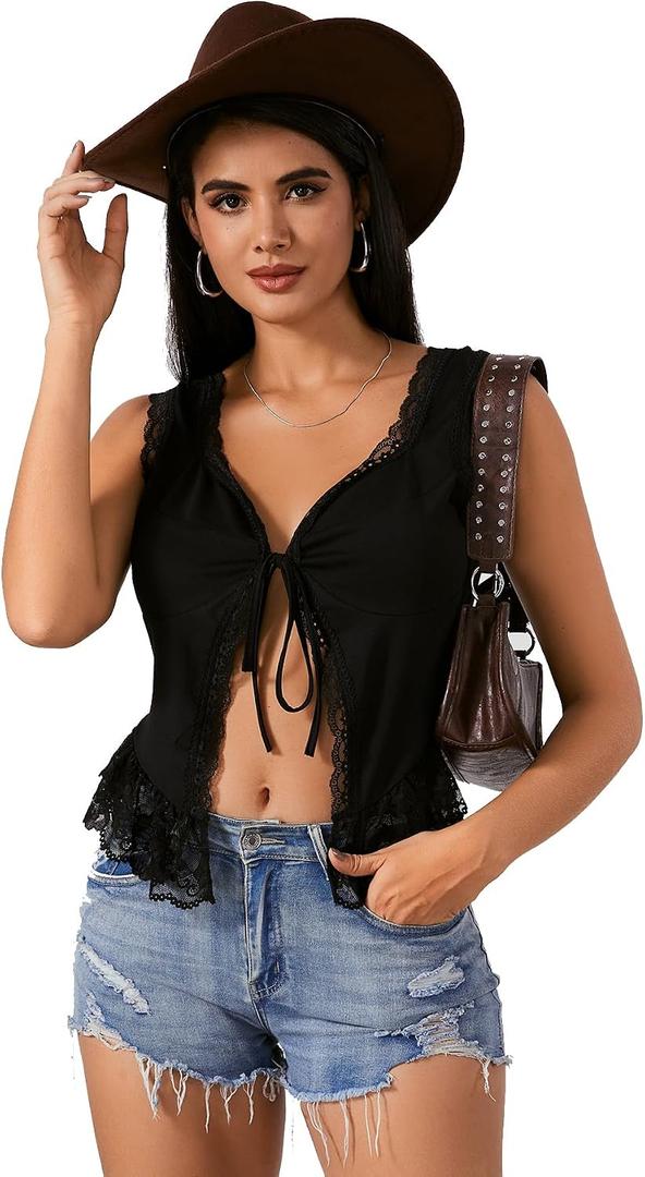 OYOANGLE Women's Going Out Top Lace Trim Front Tie Sleeveless Boho Summer Casual Crop Tank Blouse Shirt (Black, XL)