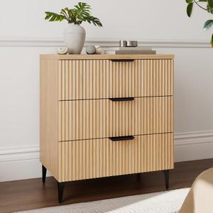 25.6" W Fluted Nightstand with 3 Drawer Dresser, Modern Wood Night Stands Bedside Table for Bedroom King/Queen Bed, End Table with Robot-Friendly Legs for Living Room,Entry (3 Drawers-1pcs-Natural)
