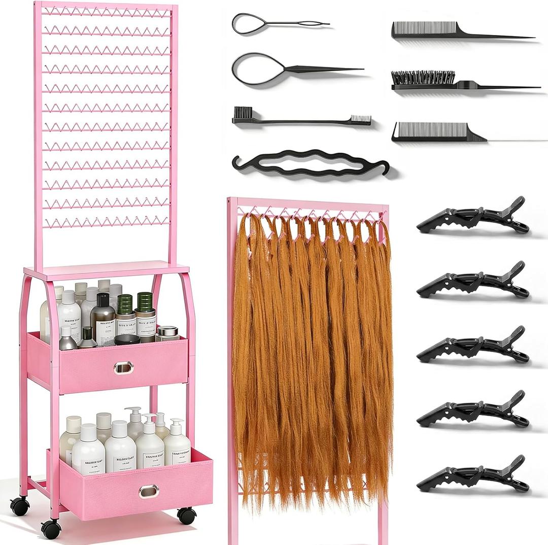 Portable Braiding Hair Rack with Wheels & Storage Drawers,2Sided 288 Pegs,Hair Extension Holder Hanger for Braiding Hair Separator Stand Display,Hair Rack with Stylist Hair braiding Tools（Pink）