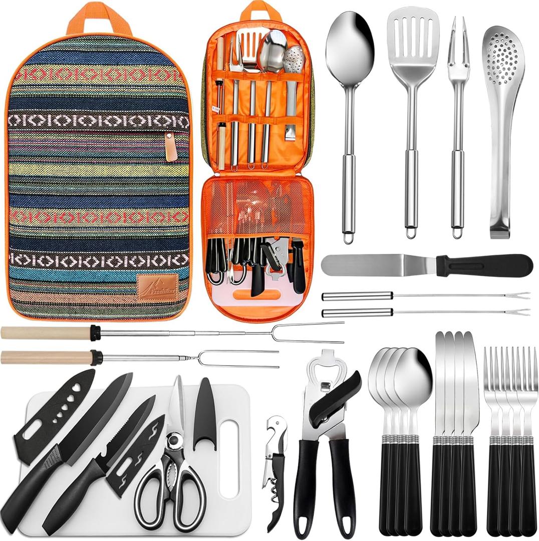 Portable Camping Kitchen Utensil Set-27 Piece Cookware Kit, Stainless Steel Outdoor Cooking and Grilling Utensil Organizer Travel Set Perfect for Travel, Picnics, RVs, Camping, BBQs, Parties and More (Orange)