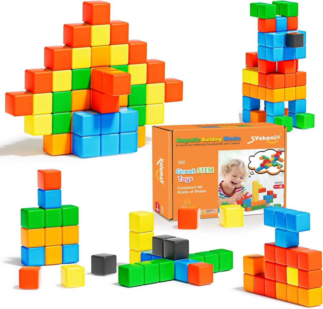 SYSKENI Magnetic Blocks, Gifts for 3 4 5 6 Year Old, Magnet Building Blocks for Toddlers, Girls & Boys, Montessori - Autism - Sensory Magnetic Toys for Kids Ages 3-5 4-8, 1.22inch, 56PCS