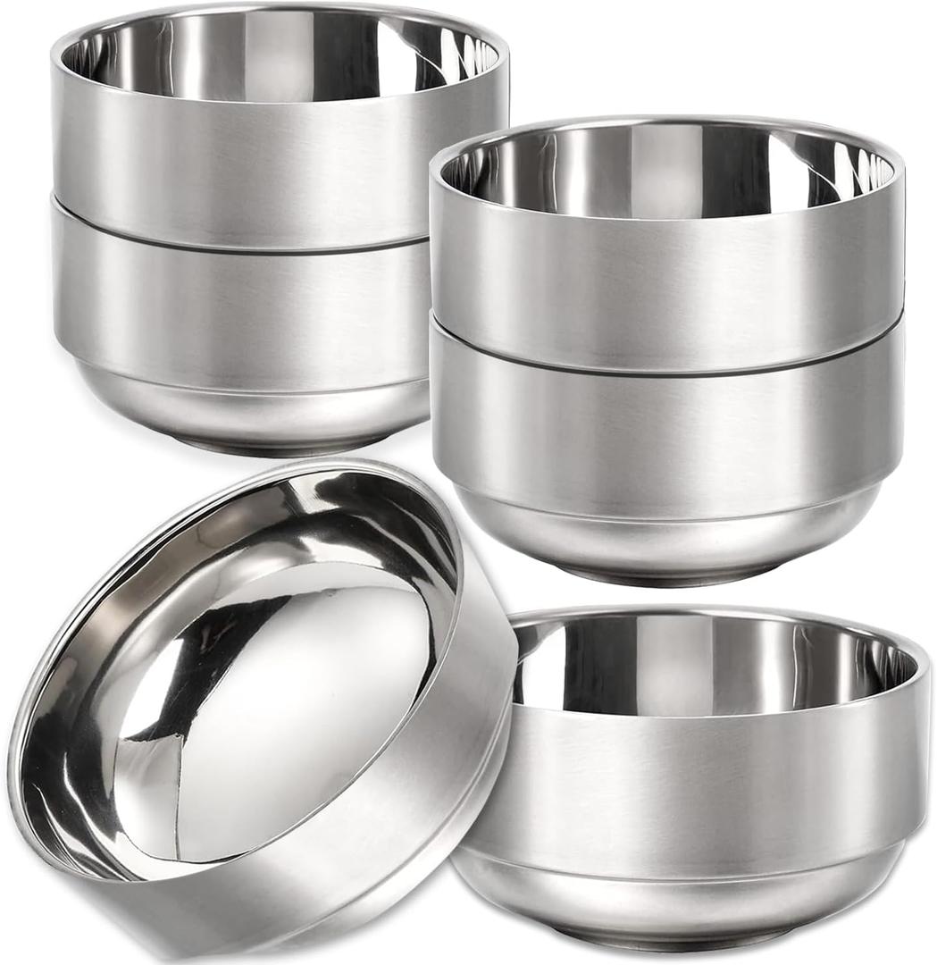 6 Pack 14 Oz Stainless Steel Soup Bowls Double Walled Metal Snacks Bowls 4.7 Inch Insulated Rice Bowl Multi-Purpose Stainless Steel Bowls for Rice, Noodle, Ice Cream, Matte Finish