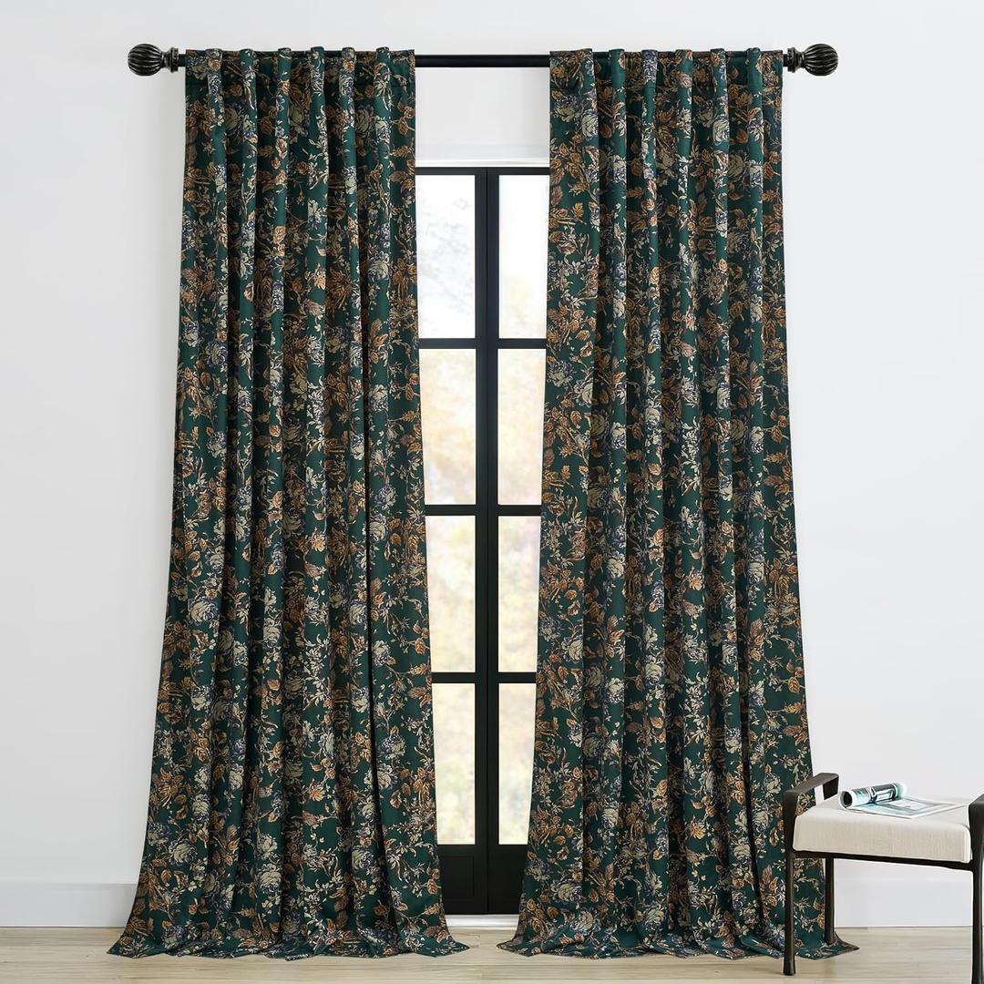 StangH Green Velvet Curtains with Print Floral, Back Tab Luxury Window Panels 90 inches Long Thermal Insulated Room Darkening Drapes for Sliding Door, W52 x L90, 2 Panels