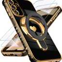 Liufcx for Samsung Galaxy A15 5G Love Heart Kickstand Case with 2X Screen Protector: Luxury Plated Gold Edge Slim Soft TPU Shockproof Protection Case Cover for Galaxy A15 (Black)
