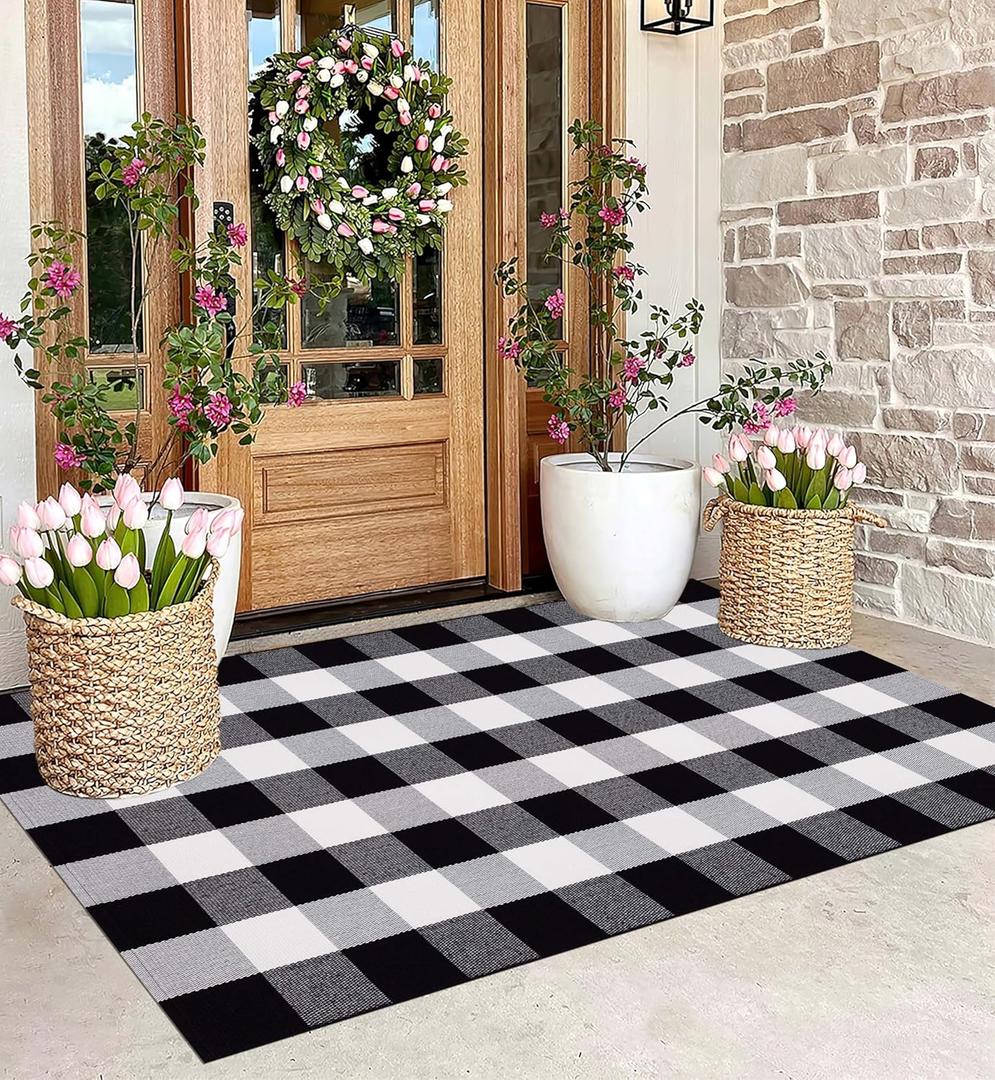 Black and White Outdoor Rug 3'x5'Buffalo Plaid Checkered Front Porch Rug Machine Washable Farmhouse Front Door Mat Outdoor for Front Hello Welcome Mat,Bedroom,Entryway,Patio