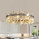 Siljoy Modern Crystal Chandelier 16-Light Brushed Nickel 2-Tiers K9 Crystal Raindrop Chandelier Luxury Flush Mount Crystal Pendant Ceiling Light Fixture for Dining Living Room Entryway Foyer D31.5''