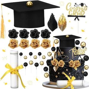 Jingmore Graduation Cake Kit Included Felt Graduation Cap Diploma Classic Black Congrats Grad Cupcake Toppers Beads Leaf Flowers Cake Decorations for Class of 2025 Graduation Party(Black and Gold)