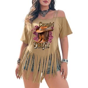 KWSTAIN Tassel Shirts for Women Summer Cold Shoulder Fringe Trim Short Sleeve Graphic Western Cowgirl Outfits Top Tee Blouses (Khaki,S) (Beige, S)