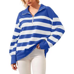 Quarter Zip Sweatshirts 2025 Women Oversized Striped Pullover Tops Lapel Collar Long Sleeve Sweater Shirts Y2K Clothes