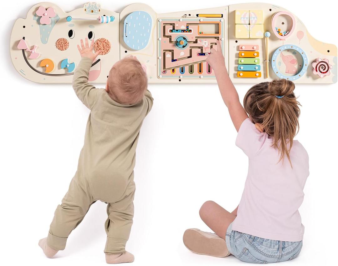 ROBUD Elephant Montessori Busy Board, 12-in-1 Activity Wall Busy Board, Montessori Sensory Wall Panel for Boys & Girls, Toddler Learning Activity Center for Playroom, Nursery, Beige