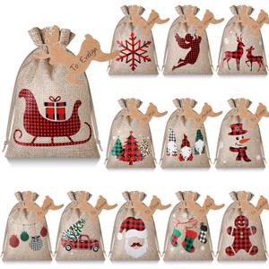 Shappy 24 Pcs Christmas Burlap Gift Bags, Small Treat Goody Bags with Drawstrings for Christmas, Featuring 12 Designs for Xmas and New Year Party Favors and Supplies(Rustic Style,10 x 8 Inch)