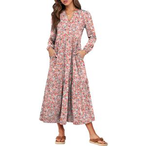 ANRABESS Women's Long Sleeve Maxi Dresses 2025 Fall Casual V Neck Flowy Tiered Boho Modest Trendy Vacation Dress with Pockets (Medium, Floral Pink)