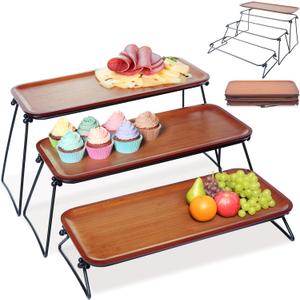 FINESSY 3 Tier Serving Tray, Dark Bamboo Tiered Tray Stand, Cake Stand & Cupcake Holder, Buffet Risers Serving Platters, Dessert Table Display Set, Charcuterie Board Set for Party Hosting Essentials