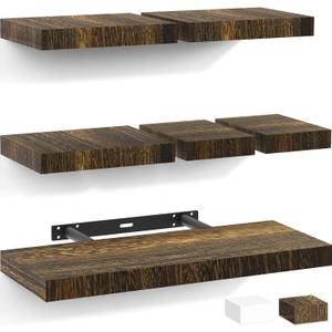 Rustic Wood Floating Shelves Set of 6, Picture Ledge Shelf, Hanging Shelf with Invisible Bracket for Wall Display Book Bedroom Bathroom Study Office Room Decor Brown 4 8 16 Inch