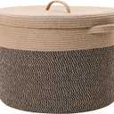 Cottonphant 20" x 20" x 15" Modern Jute/Black Mix Cotton Rope Storage Basket with Lid, Extra Large Laundry Hamper, Cloth Bin, for Clothes, Towels, Blankets, Pillows Storage in Living Room