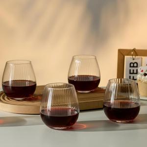 Ribbed Stemless Wine Glass: Set of 4 Cute Hand Blown 15oz Crystal No Stem Red & White Wine Glasses for Christmas Birthday Wedding Anniversary Party