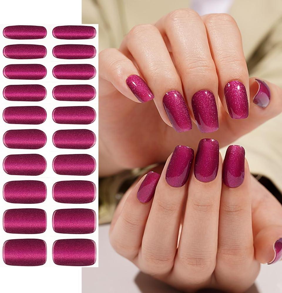 Semi Cured Gel Nail Strips 20 Pcs Purple-Red Cat Eye Gel Nail Wraps, Stickers, UV Light Required Nail Art Design Decoration Accessories (Style-12)