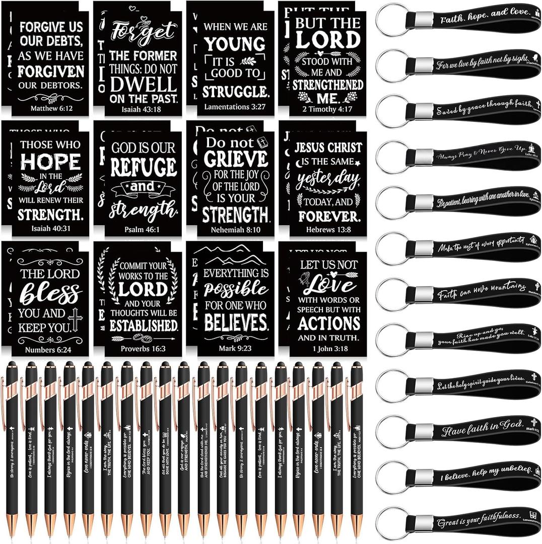 Estune 72 Pcs Christian Bible Gifts Set Bulk Religious Scripture Notebooks Scripture Quote Inspirational Ballpoint Pens Verse Keychain Christmas Inspirational Bible Gifts for Office (Classic)