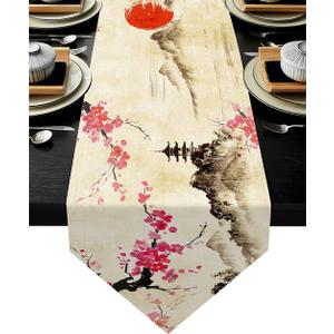 Sweetshow Cherry Blossom Table Runner 13x70 Inches Long Polyester Vintage Style Design Floral Table Runner Suitable for Holiday Party & Wedding & Kitchen & Dining Room Tables Decor