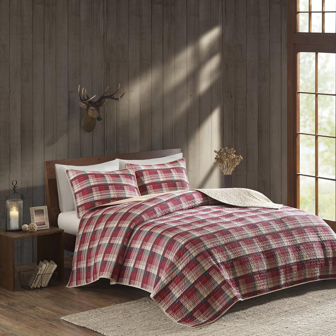 Woolrich Reversible Quilt Cabin Lifestyle Design - All Season, Breathable Coverlet Bedspread Bedding Set, Matching Shams, Oversized Full/Queen, Tasha Plaid Red/Tan 3 Piece