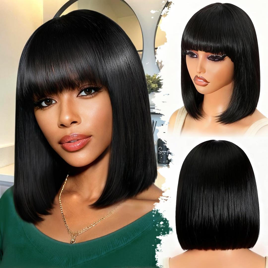 Bob Human Hair Wig with Bangs Silky Straight Glueless Wigs Human Hair 150% Density Black Bob Wig with Bangs None Lace Machine Made Wigs for Black Women 12Inch